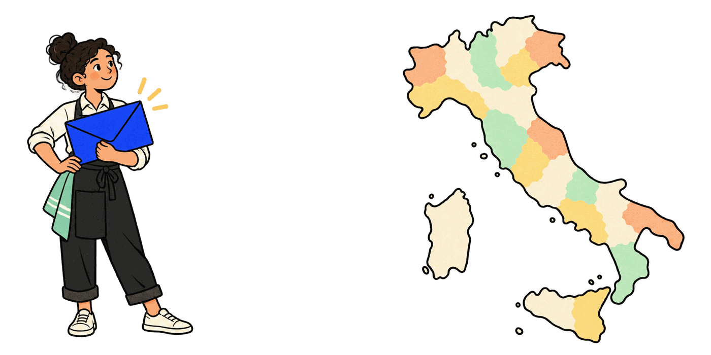 A hospitality job seeker holding an envelope, beside a map of Italy